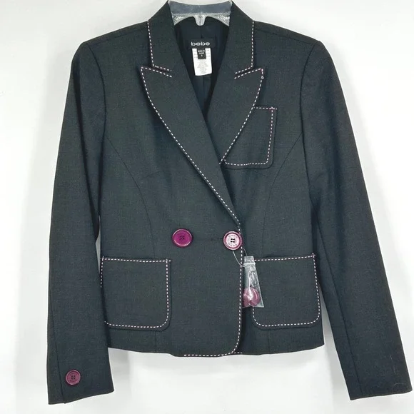 Bebe Womens Blazer 6 Charcoal Grey Pink Contrast Stitch Y2K Officecore Chic - Picture 1 of 9